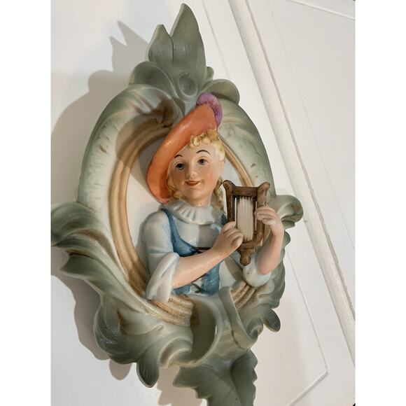Vtg Hand Painted Porcelain Bisque Wall Hanging Decor Boy Girl Musical Instrument - Picture 6 of 12